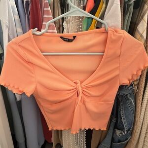 SHEIN Peach Ribbed Blouse with Tie Front